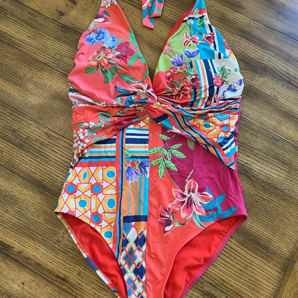 Johnny Was Colorful Floral and Geometric One Piece swim suit XL